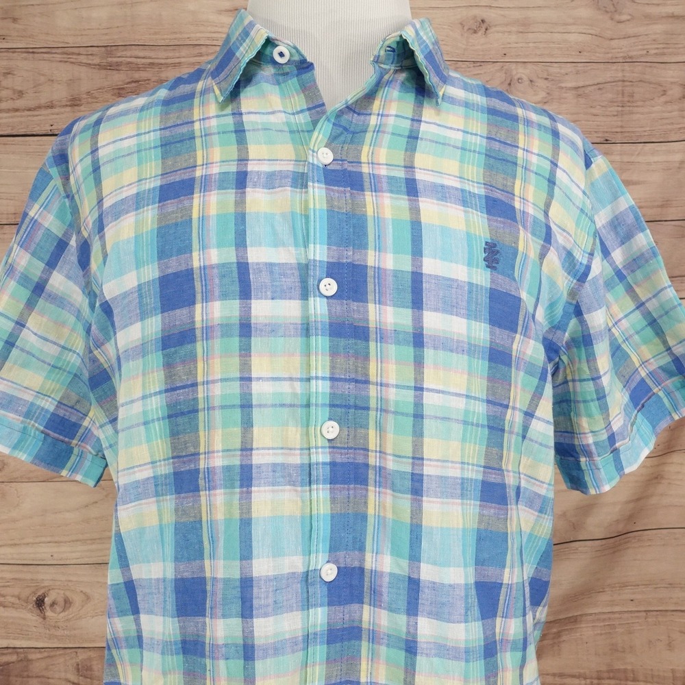 IZOD Shirt Mens XL Blue Plaid Short Sleeve Button-Up Linen Blend Casual Summer